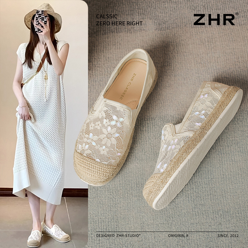 ZHR渔夫鞋女2025新款夏季小香风蕾丝平底单鞋网面透气休闲一脚蹬