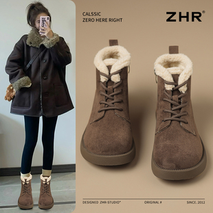 ZHR雪地短靴女2024冬新款 复古棕色绒面马丁靴 美拉德防寒保暖棉鞋