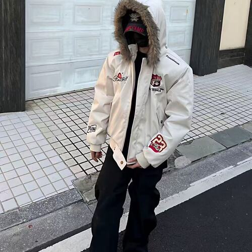 2025美式飞行夹克座山雕刺绣棒球服秋冬季加厚连帽情侣棉服外套潮