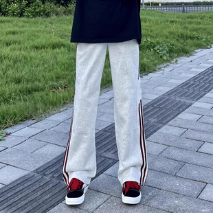 美式花灰色三条杠卫裤男款春秋高个子加长裤子显瘦条纹休闲运动裤