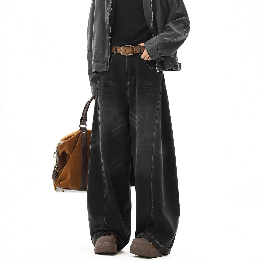 美式复古猫须弯刀牛仔裤男高街宽松设计感cleanfit直筒阔腿长裤子