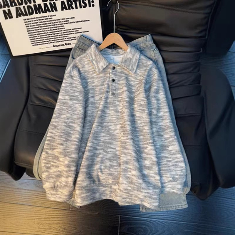 美式复古彩色翻领polo衫男款春季加绒加厚正肩卫衣情侣针织衫外套