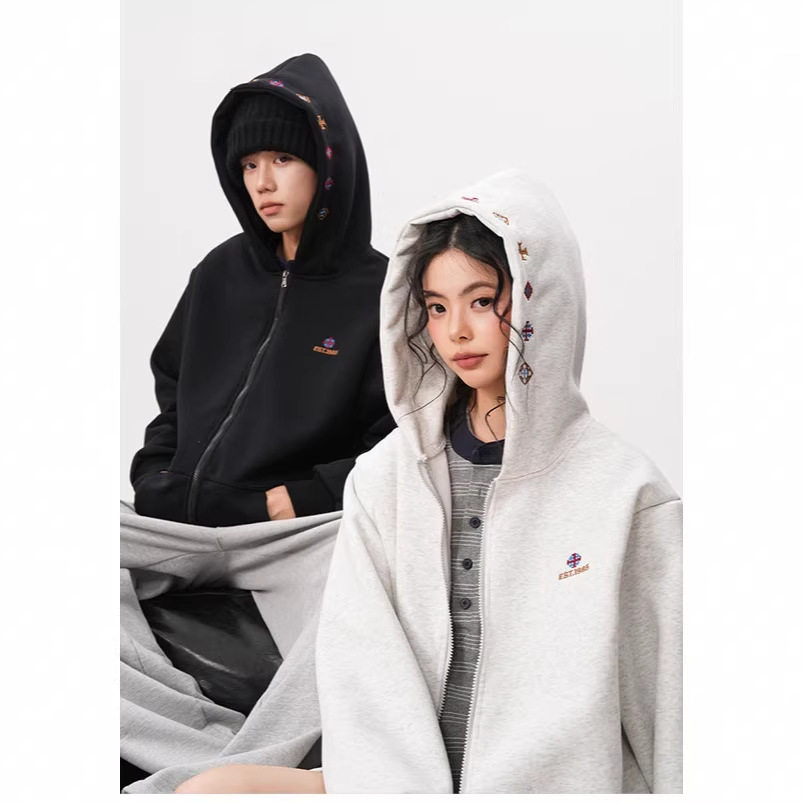 民族风刺绣连帽卫衣男女春季重磅慵懒感拉链开衫宽松休闲情侣外套