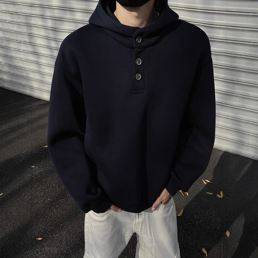 花灰色纽扣重磅卫衣男款硬挺连帽衫美式高街cleanfit青岛即墨外套