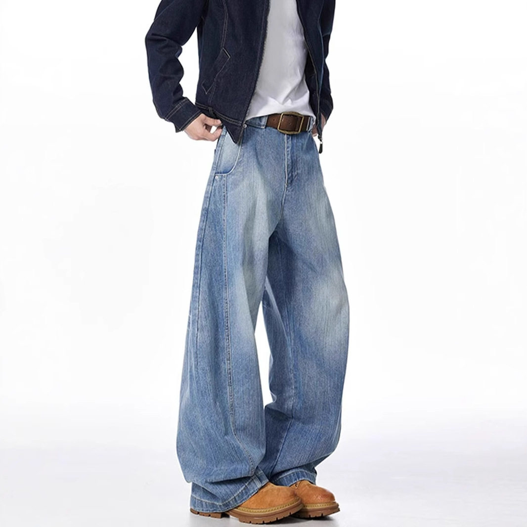 美式复古baggy弯刀牛仔裤男款高街宽松休闲水洗蓝色镰刀阔腿裤子