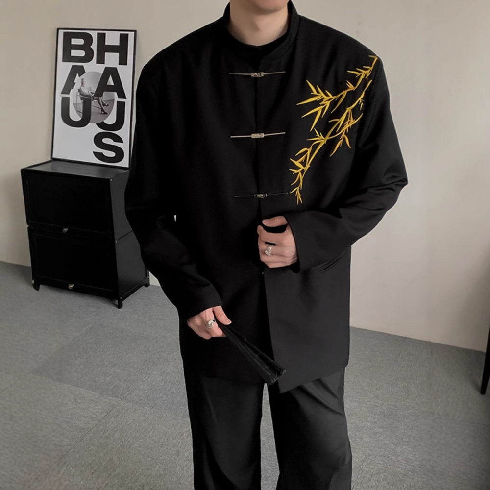 新中式男士订婚衣服套装国风立领中山装金竹刺绣男孩成人礼服西装