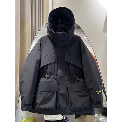 黑金鹅绒服户外登山冲锋衣收腰风衣风壳派克服中长款羽绒服女外套