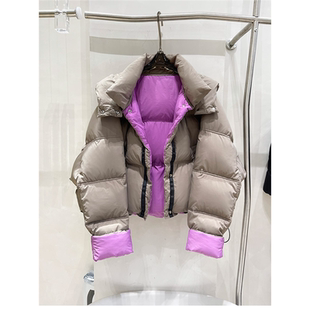 两面穿90白鸭绒撞色羽绒服冬季女短款冬装外套2024新款连帽面包服