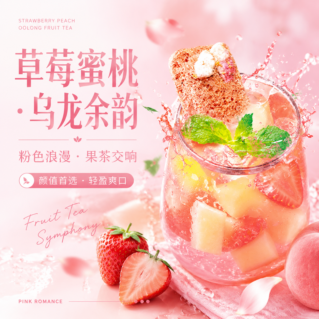 TEKIN草莓蜜桃乌龙鲜果茶冻干水果茶低糖低卡门店级水果茶3秒