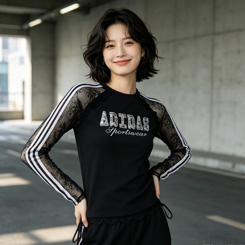 adidas阿迪达斯2026秋女蕾丝花边修身显瘦休闲长袖T恤上衣 LE7040
