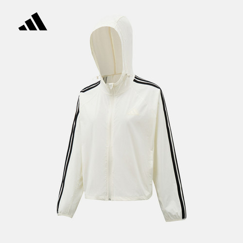 adidas阿迪达斯2026夏女薄款外套连帽三条纹梭织休闲夹克 KX2759