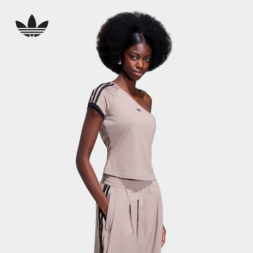 adidas阿迪达斯三叶草2026夏女露肩斜肩休闲运动短袖T恤 KY5181