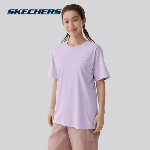Skechers斯凯奇26夏季女士短袖休闲运动印花时尚针织T恤 L225W276