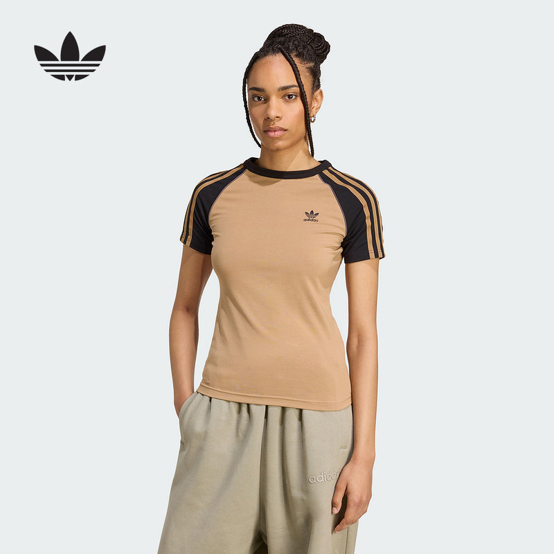 adidas阿迪达斯三叶草复古女子运动修身短袖T恤撞色插肩袖JV7192