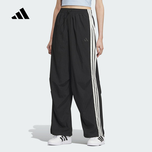 adidas阿迪达斯女三条纹梭织长裤 黑KE5788 宽松降落伞运动裤