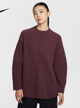 耐克女子加绒毛衣宽松落肩针织圆领套头衫红色休闲保暖HV2081-652