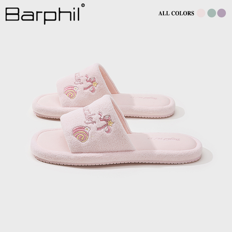 Barphil女士家居拖鞋2025新款毛绒可爱刺绣防滑软底透气凉拖吸汗