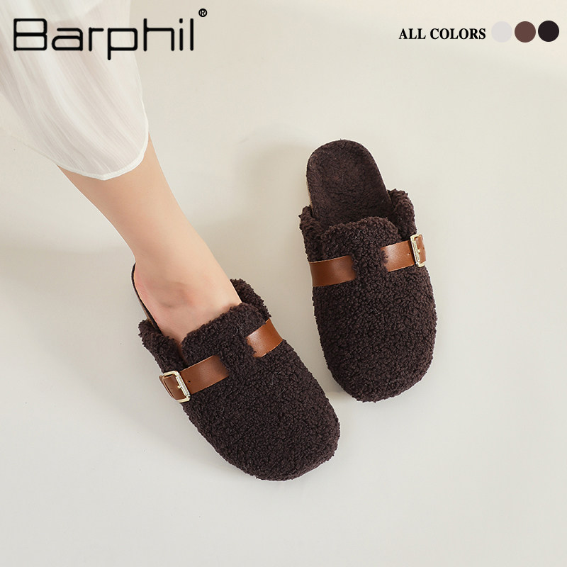 Barphil厚底复古勃肯鞋女2023年冬季加绒外穿毛毛拖鞋半拖一脚蹬