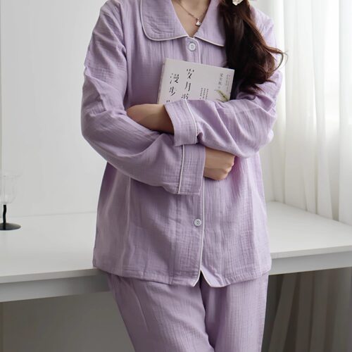 纯棉双层纱透气睡衣女休闲简约春秋款家居服宽松舒适长袖长裤套装