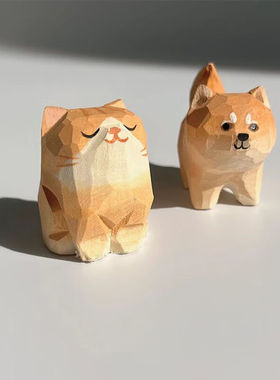 木丁丁木雕小柴犬橘猫桌面摆件客厅卧室手工艺品可爱装饰妇女神节