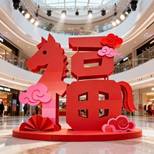 马年艺术装置大型商业美陈花艺新年商场橱窗装饰摆件网红艺术造景