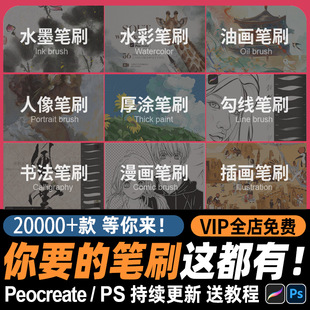 会员procreate笔刷ps画笔人像厚涂勾线书法漫画油画水彩水墨室内