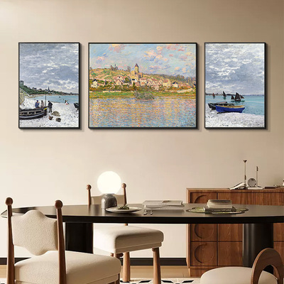 大海和帆影莫奈印象派风景小众装饰画卧室床头挂画餐厅边柜摆画