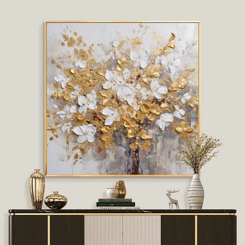 手绘油画繁花似锦玄关餐厅装饰画现代轻奢客厅背景墙大幅抽象挂画