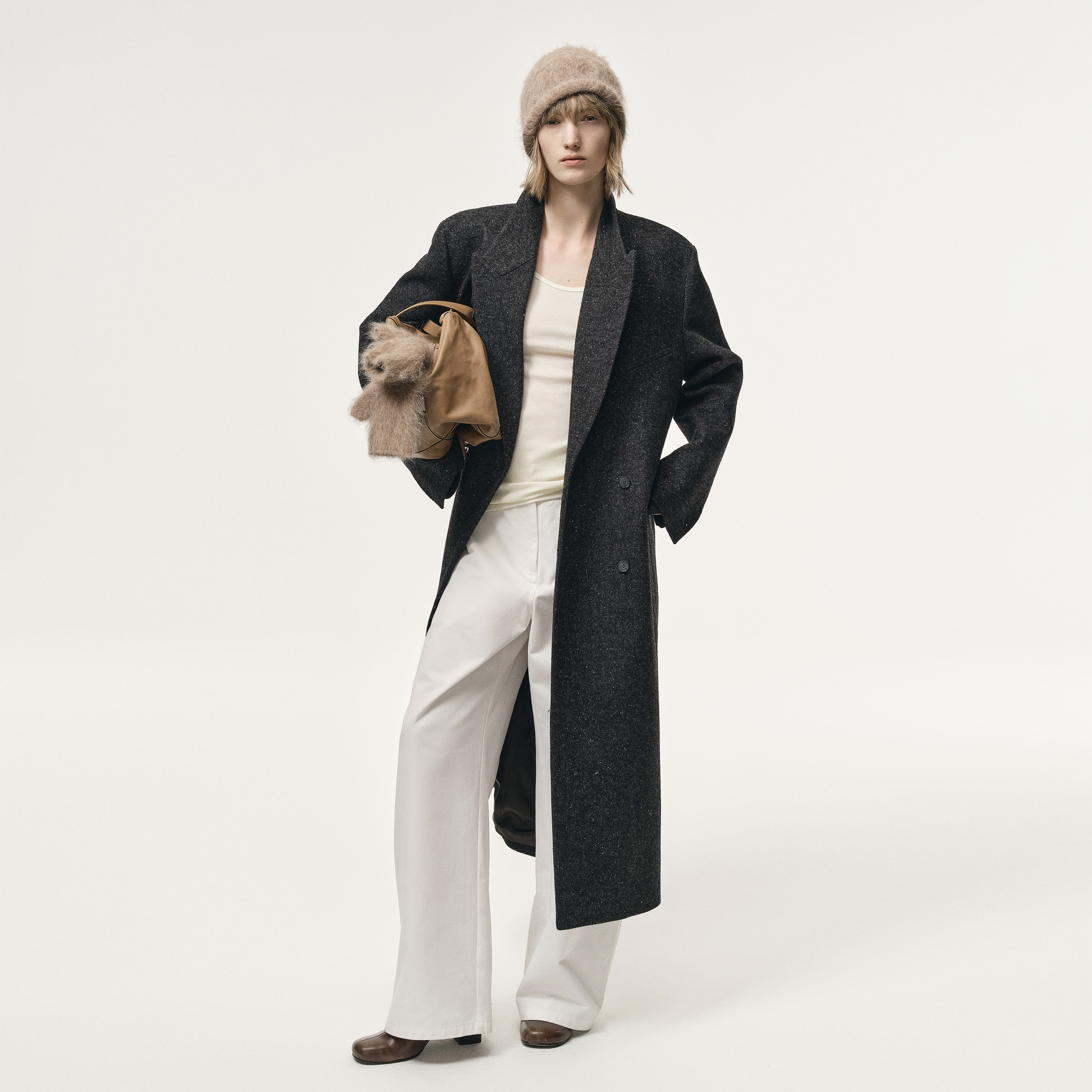 白弓特供定制真丝羊毛混纺極简设计感长款毛呢大衣外套女冬56672