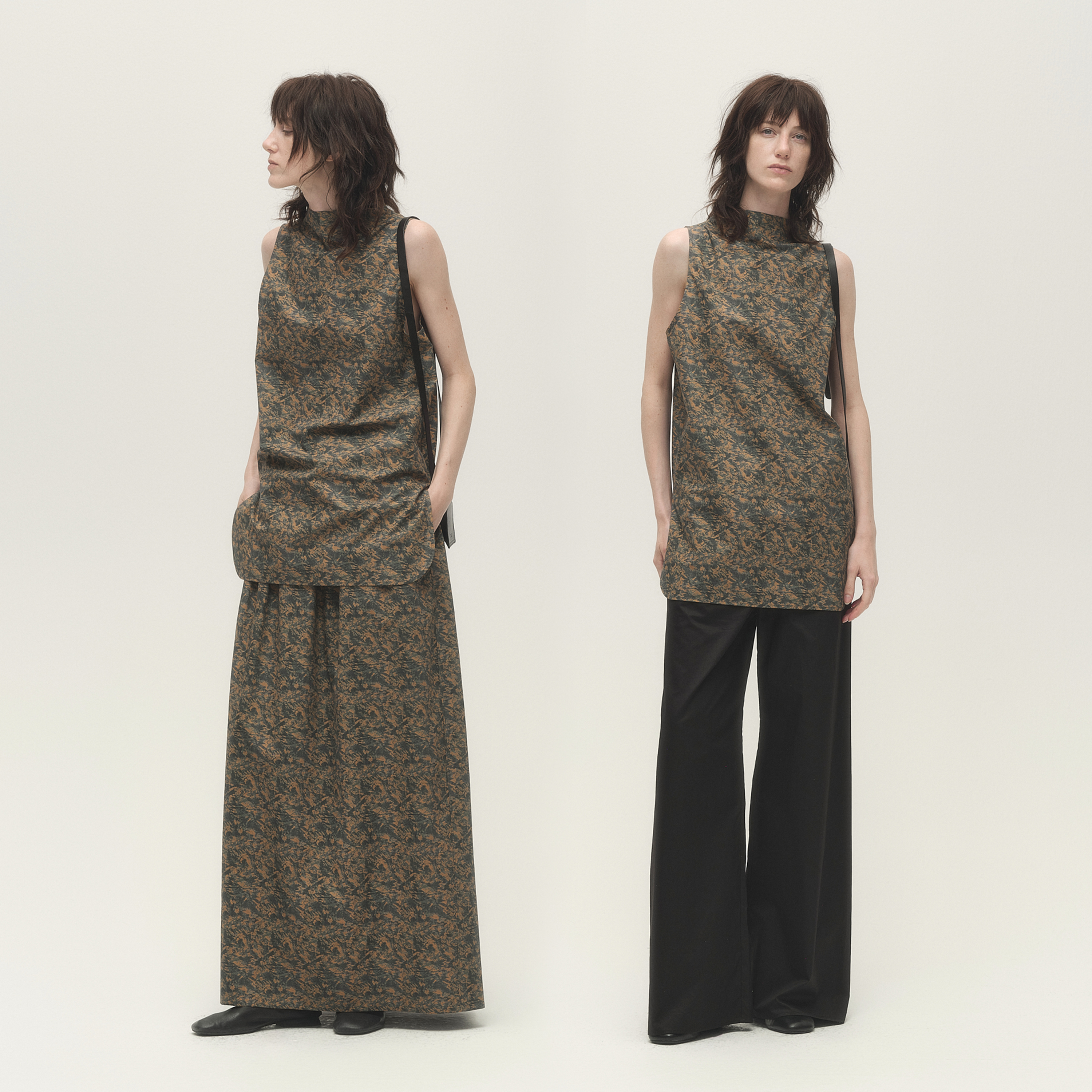 白弓“国风花色系列”旗袍式立领无袖上衣女+半身裙秋55681/55879