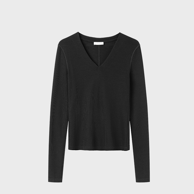 白弓 100%羊毛长袖针织衫女显瘦舒适V领T恤衫上衣50953