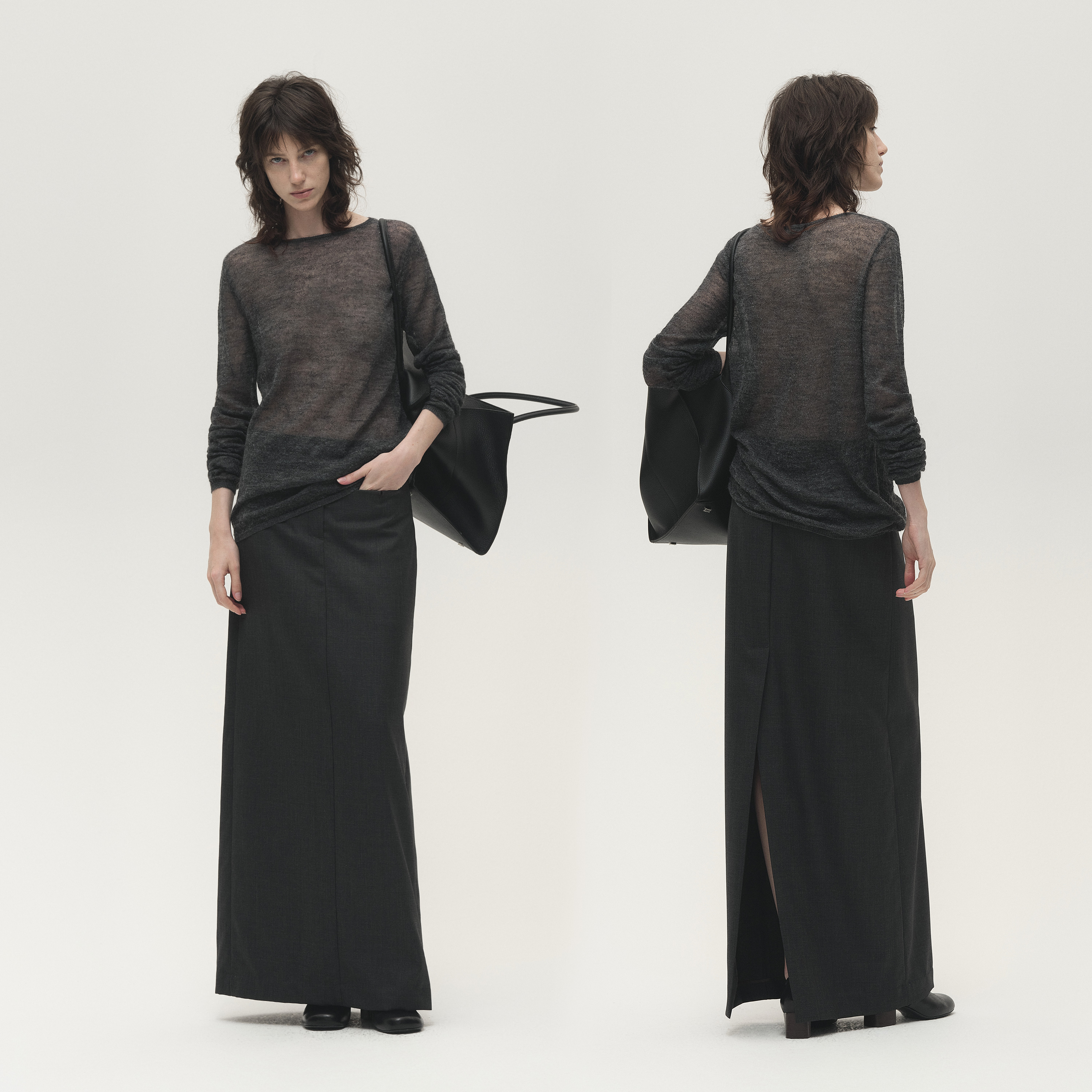 白弓微笑设计直筒后开叉高腰半身裙女秋55685