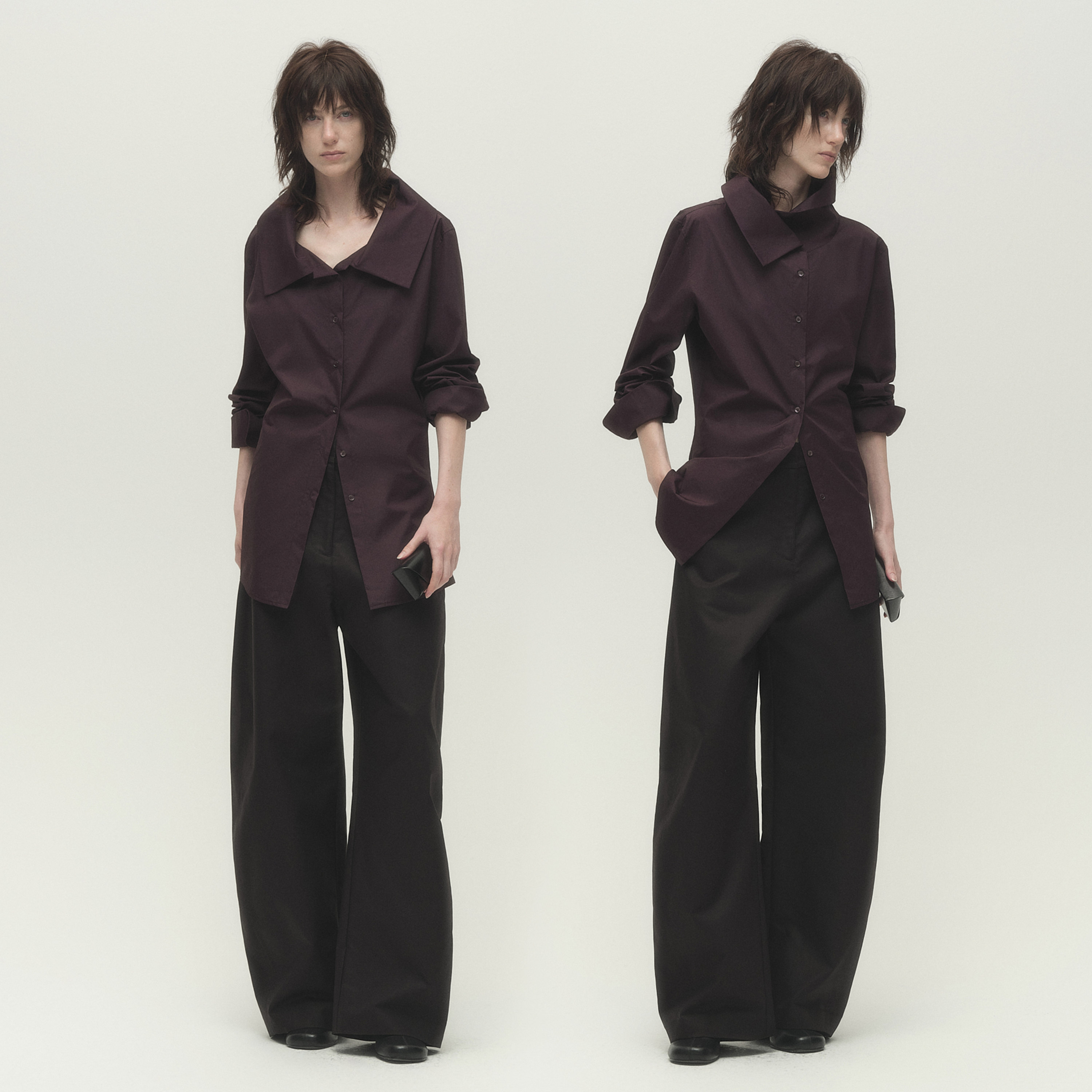 白弓“艺术家系列”时髦多穿大翻领立裁匹马棉长袖衬衫女秋55666