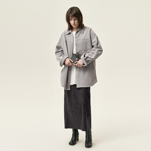 白弓2025年新款复合加厚100%棉灯芯绒廓形立裁式长袖衬衫女57555