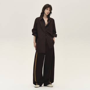 子秋季 拖地长裤 56251 女休闲裤 白弓时髦感撞色镶边弯刀廓形运动裤