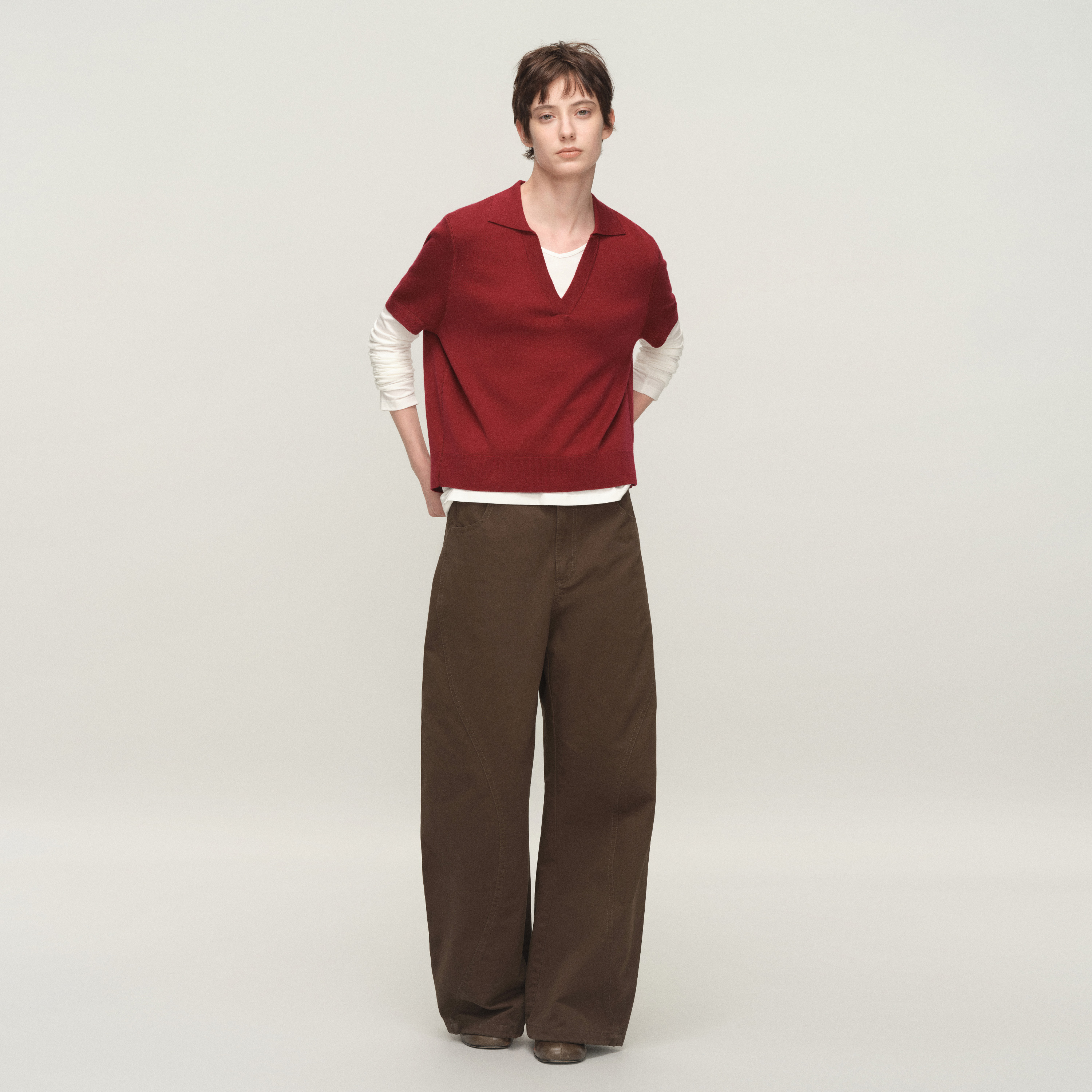 白弓100%绵羊毛设计感复古polo领短袖毛衣女秋冬季新款上衣55345