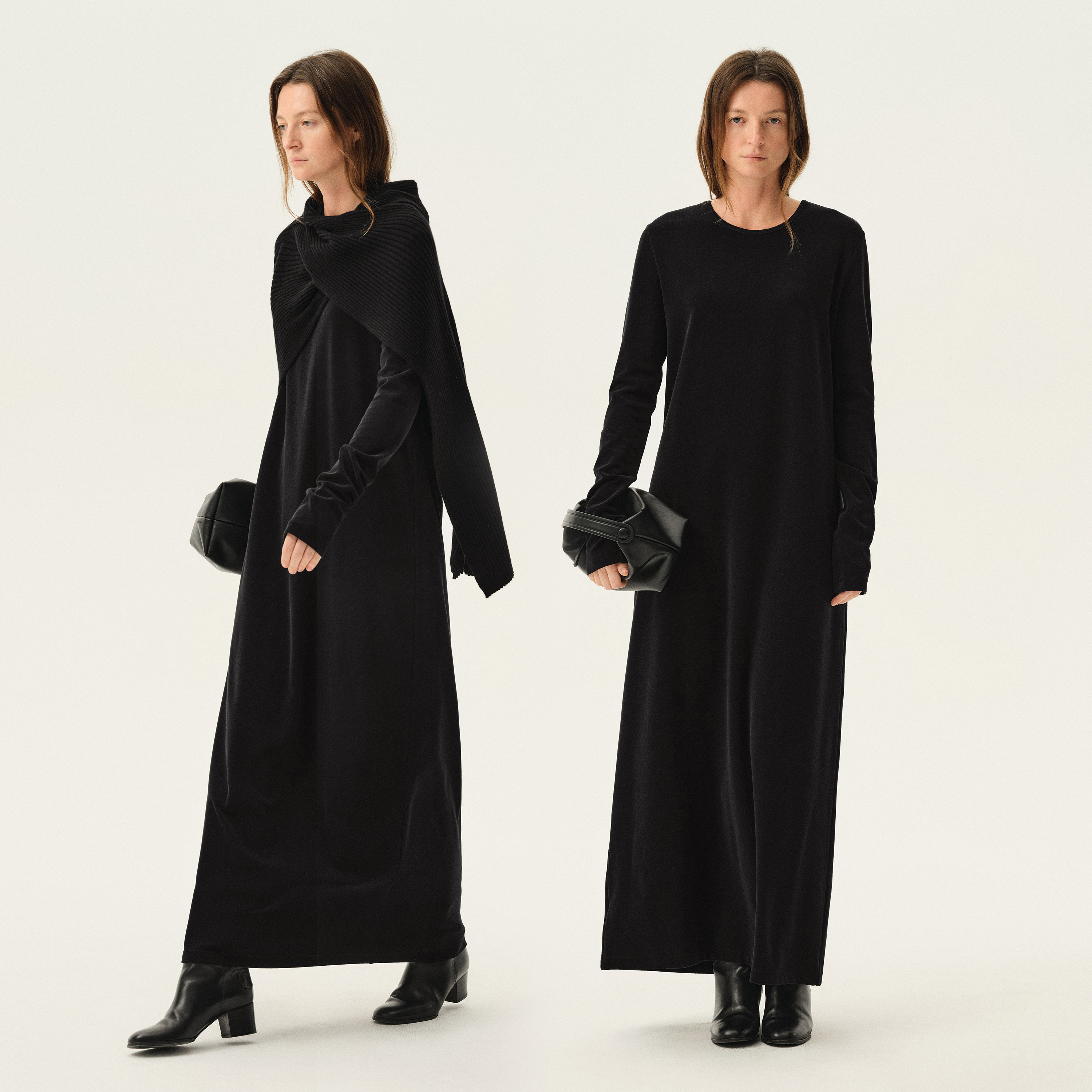 白弓 2025新款静奢风时尚长袖棉质连衣裙女长款内搭圆领长裙36653