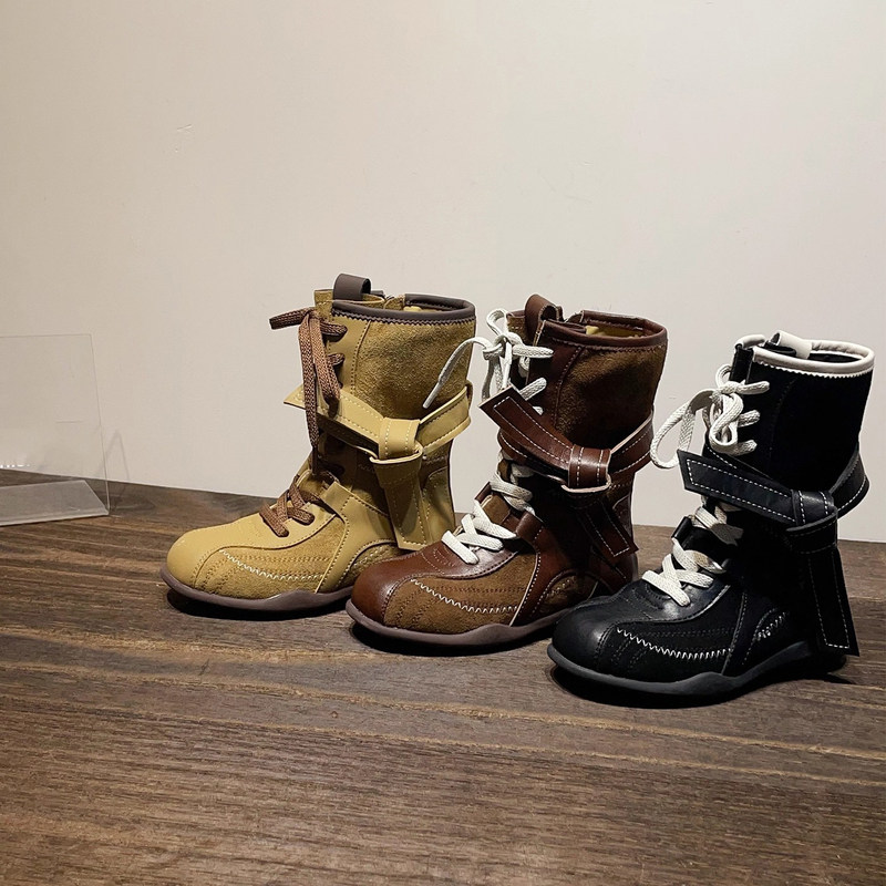 GSRG儿童新款牛皮复古中筒靴男女童百搭软底休闲西部牛仔靴德训靴