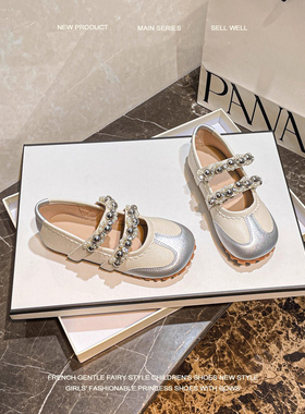 netx Road女童公主鞋防滑浅口休闲皮鞋儿童单鞋银色演出鞋乐福鞋