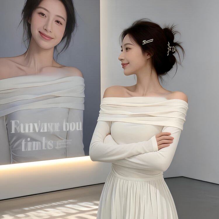 米白色一字肩长袖连衣裙2026春季新款高级感法式长裙穿搭裙子女装