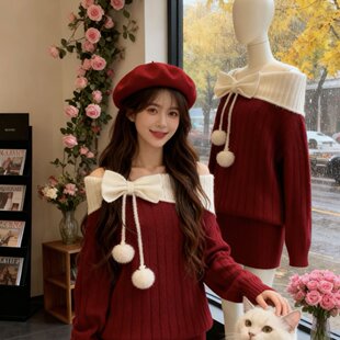 圣诞穿搭蝴蝶结红色针织连衣裙女秋冬辣妹风包臀短款一字肩毛衣裙