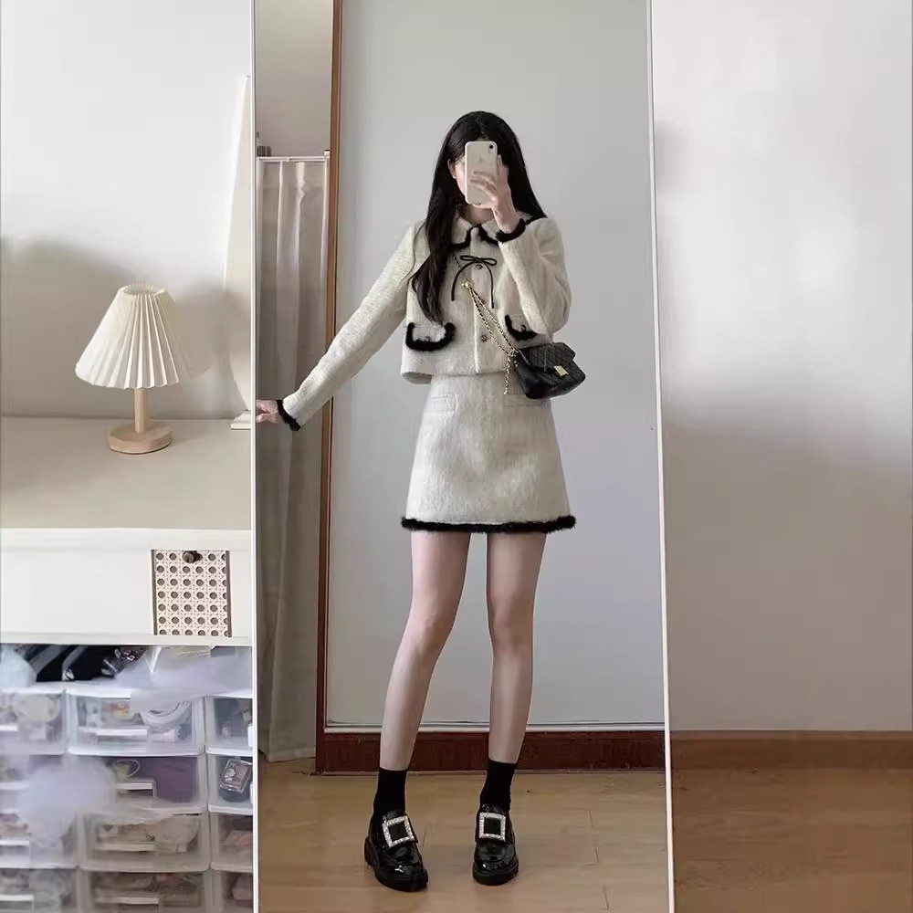 今年流行漂亮套装裙撞色毛呢外套半身裙两件套深冬装搭配一整套女