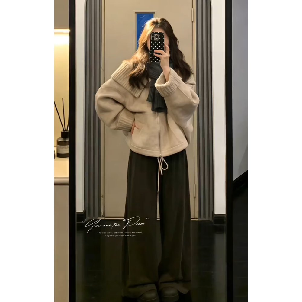 2026春季新款百搭针织拼接长袖毛呢外套高腰显瘦休闲裤套装