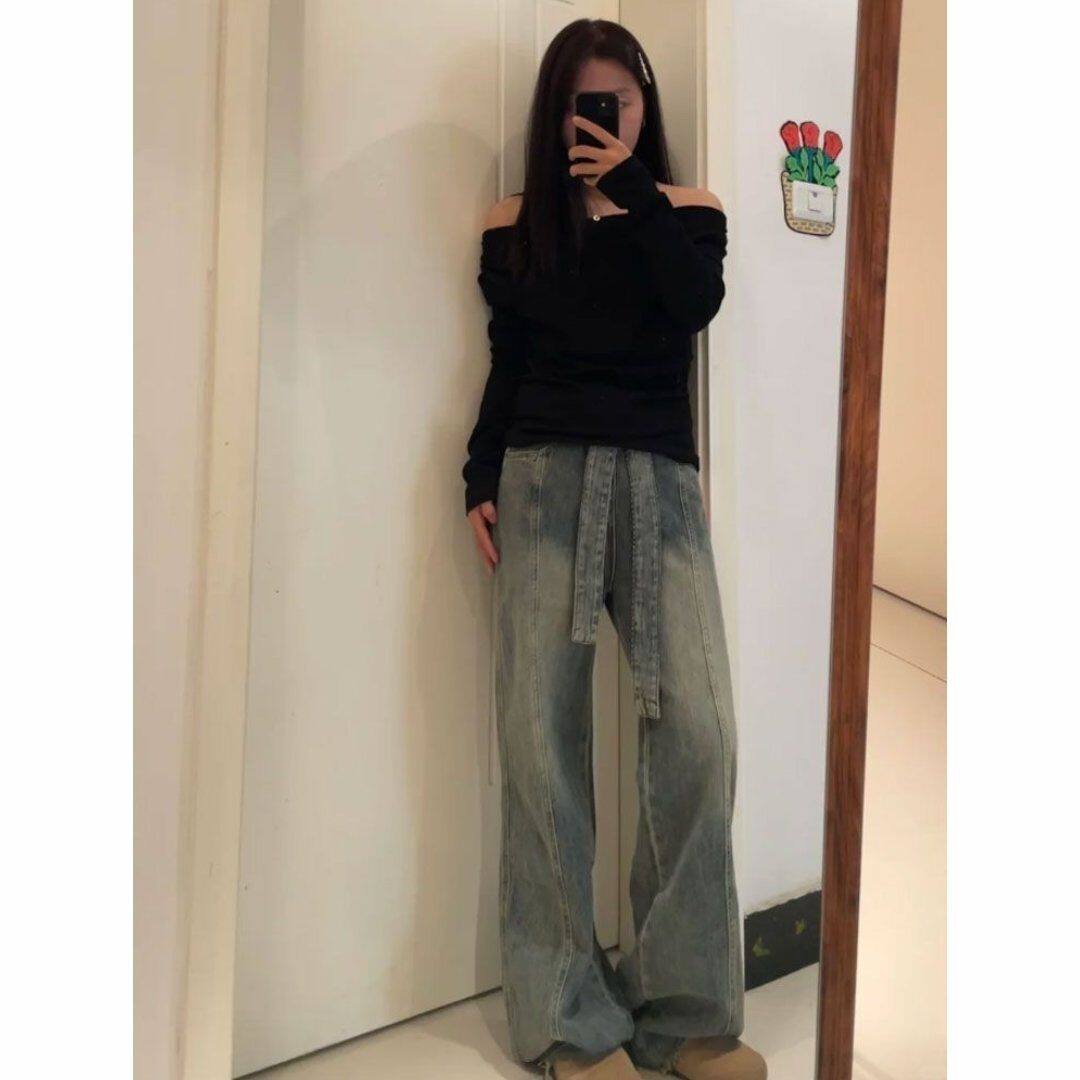 美式复古高街毛边阔腿牛仔裤女高腰显瘦绑带设计感宽松拖地长裤子