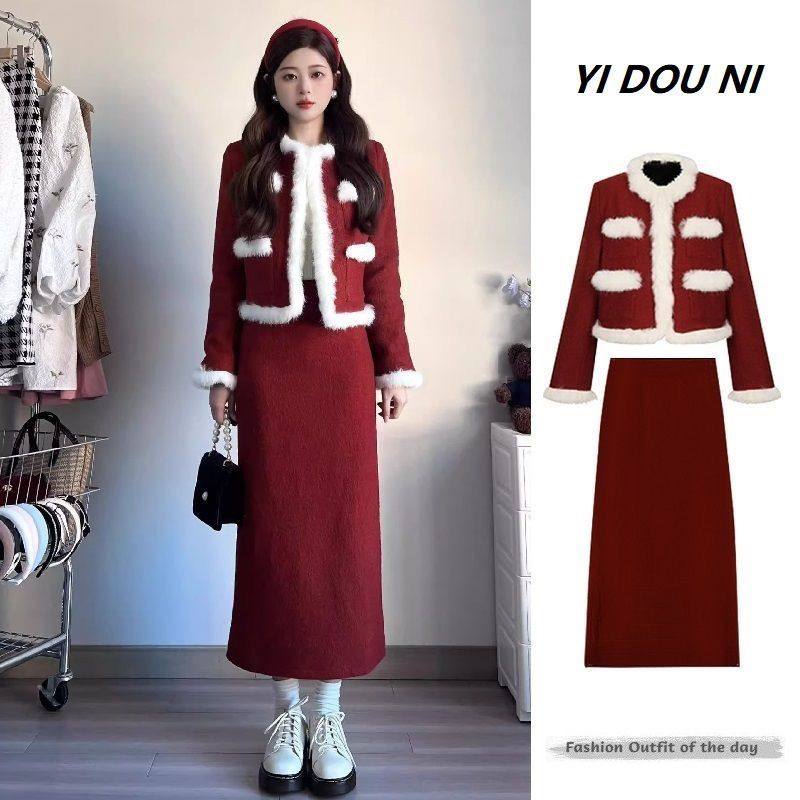 冬季韩版红色新年战袍韩剧法式桔梗香风外套半身裙两件套两件套装,女装/女士精品,大码套装,淘宝优惠券,粉丝福利购,淘宝优惠卷
