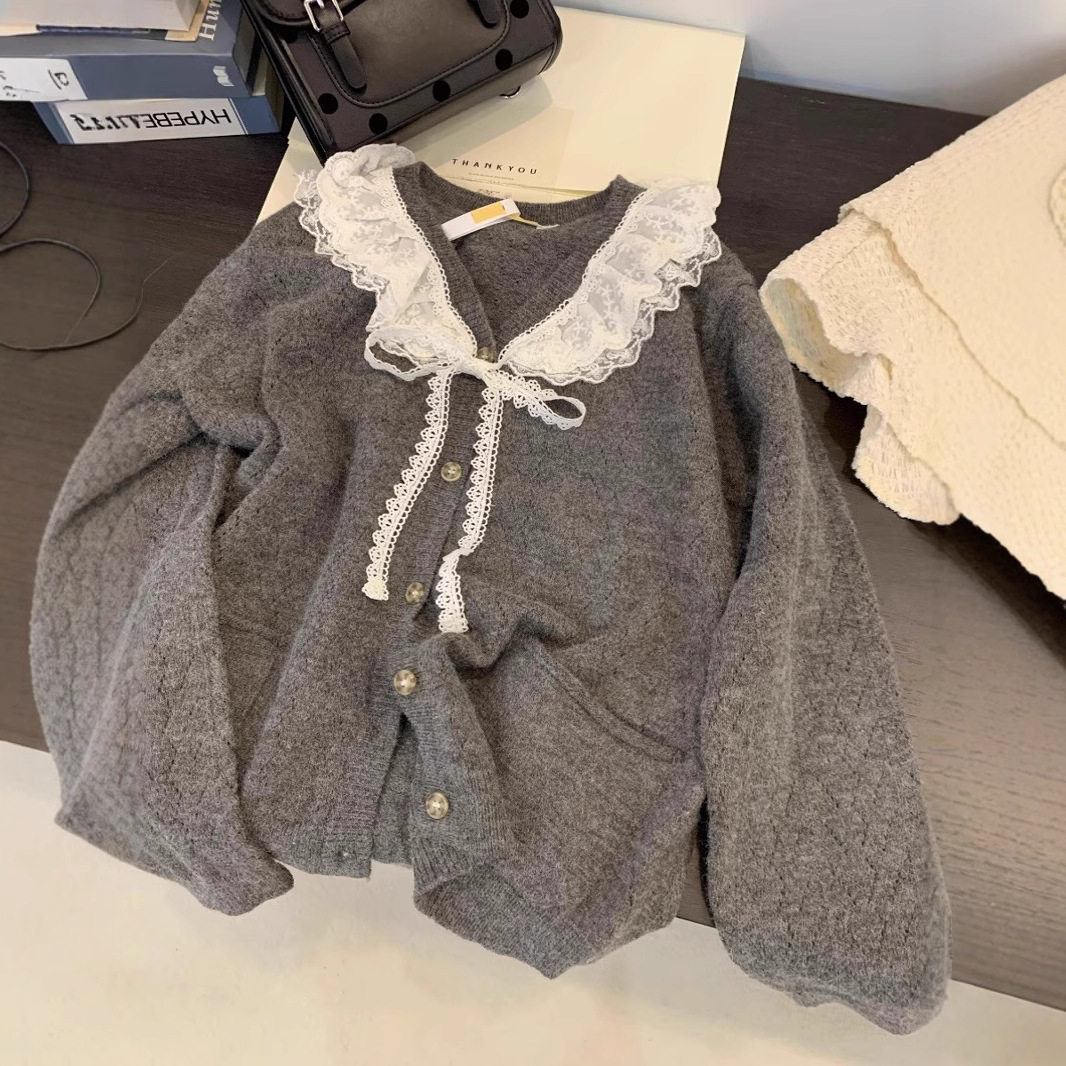 娃娃领毛衣女秋慵懒可爱甜美蕾丝V领针织开衫短款外套温柔上衣,孕妇装/孕产妇用品/营养,针织衫,淘宝优惠券,粉丝福利购,淘宝优惠卷