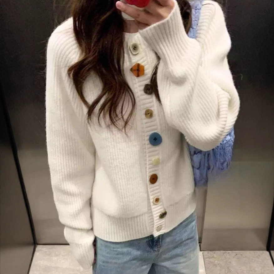 韩系小众设计彩扣宽松毛衣开衫2025秋季新款慵懒风针织上衣女外套