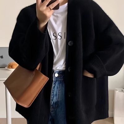 高级感软糯黑色v领针织开