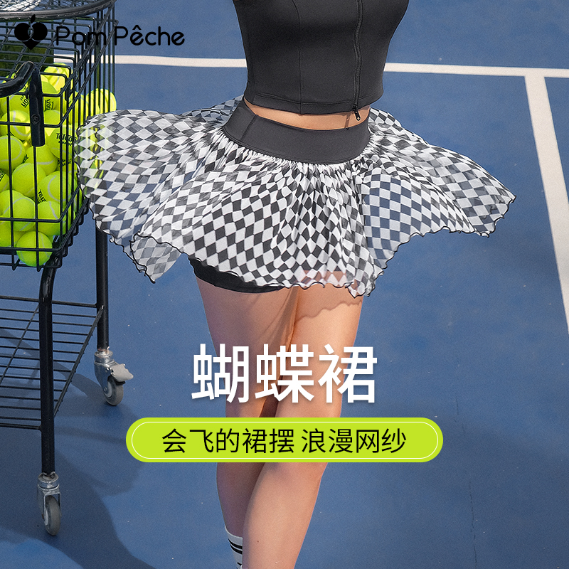PomPeche运动网球裙带安全短裤夏薄荷曼波跑步健身羽毛球半身短裙