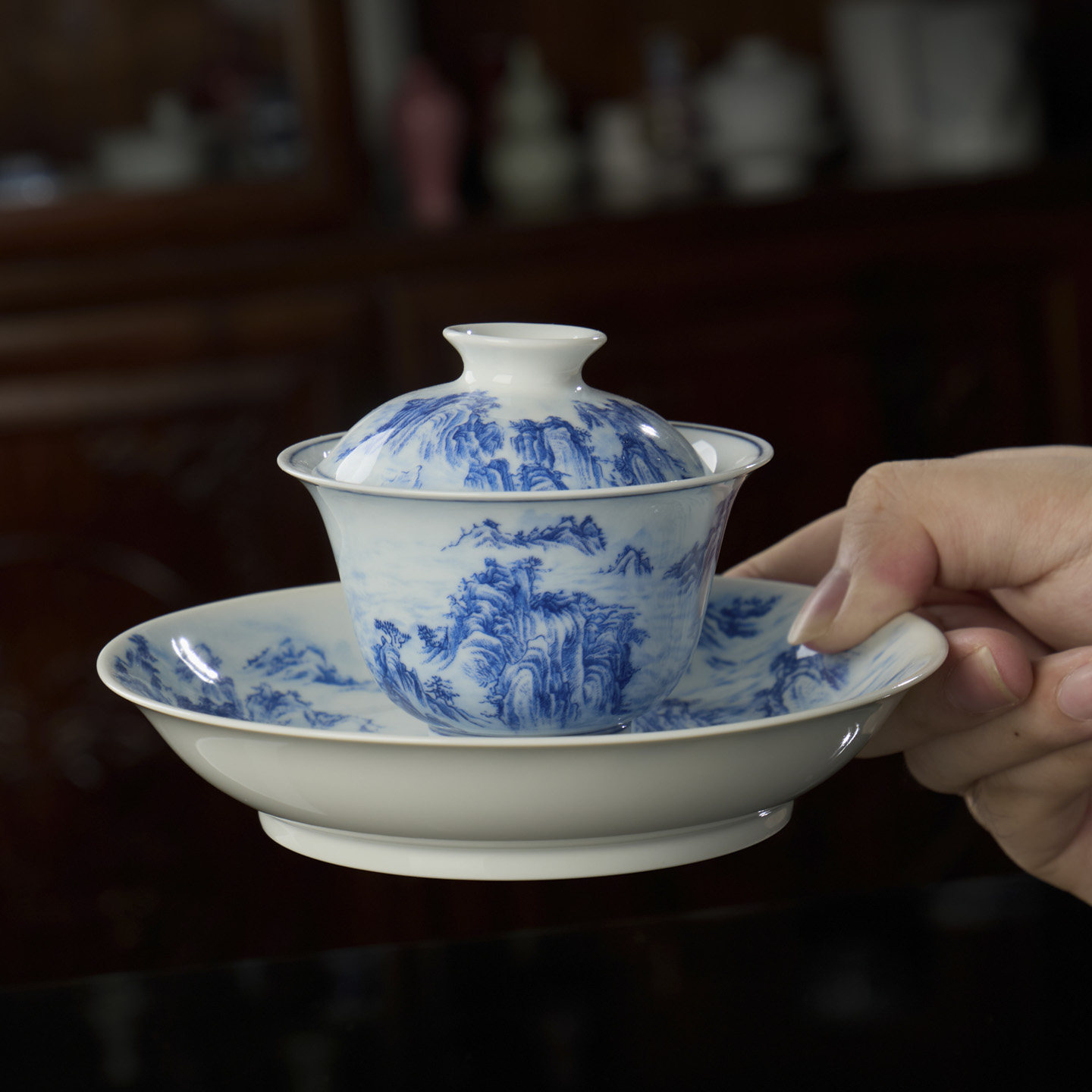 釉下青花清湾山水二才盖碗